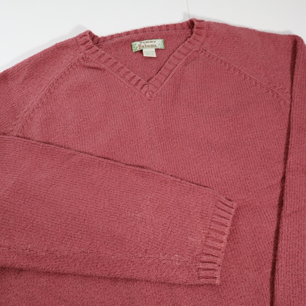 Tommy Bahama Mens V-Neck Sweater Pink 100% Cotton Knit Raglan Large